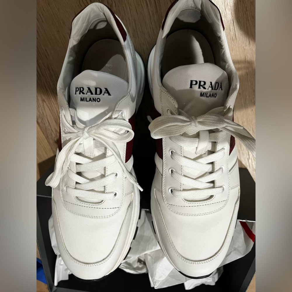 Mens white and burgundy PRADA sneakers